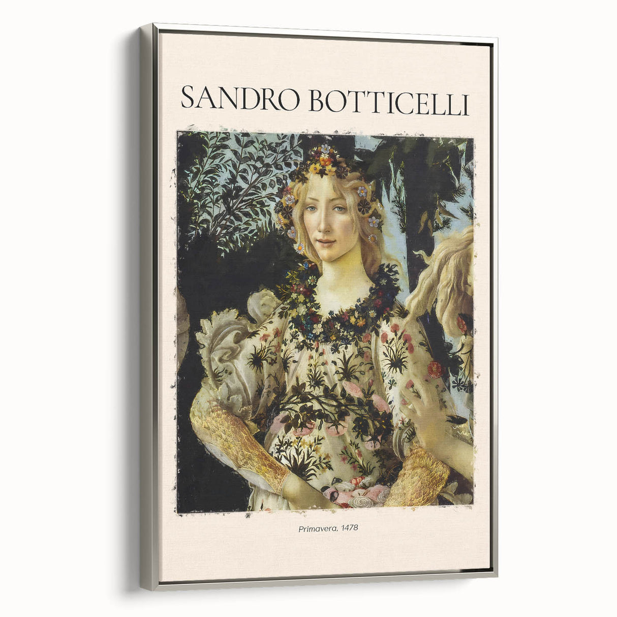 Framed canvas of Sandro Botticelli's vintage poster art in silver frame, featuring vibrant color palette.