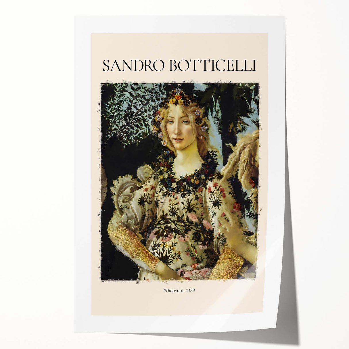 Rolled print of a Sandro Botticelli-inspired floral design in soft pastel shades.