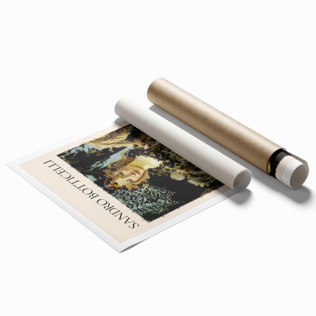 Extra large rolled print of Sandro Botticelli's floral art in muted earth tones.