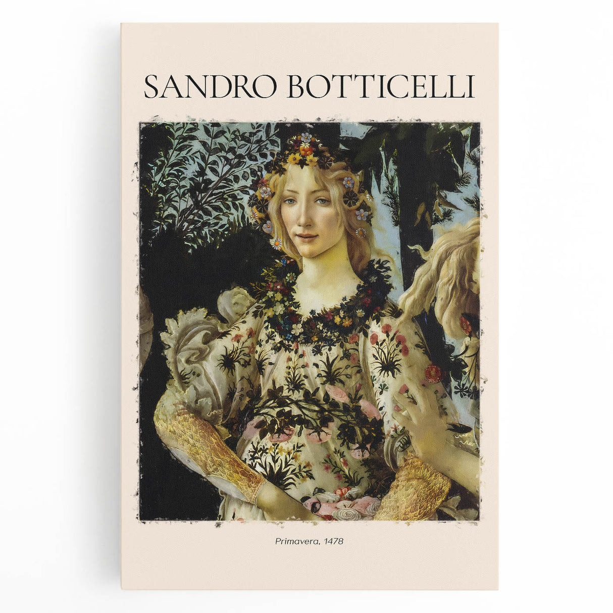 Black and white print of Sandro Botticelli's artwork on stretched canvas, ideal for kitchen wall art.