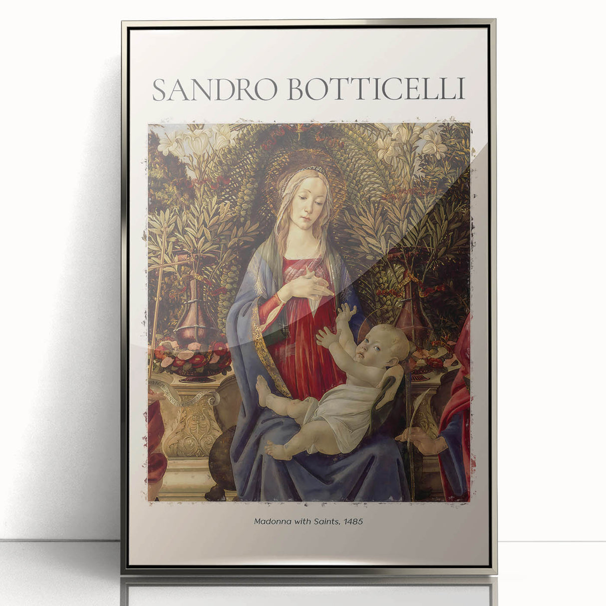 Art deco poster of Sandro Botticelli design in silver frame, featuring muted pastel tones, ideal for nursery wall art.