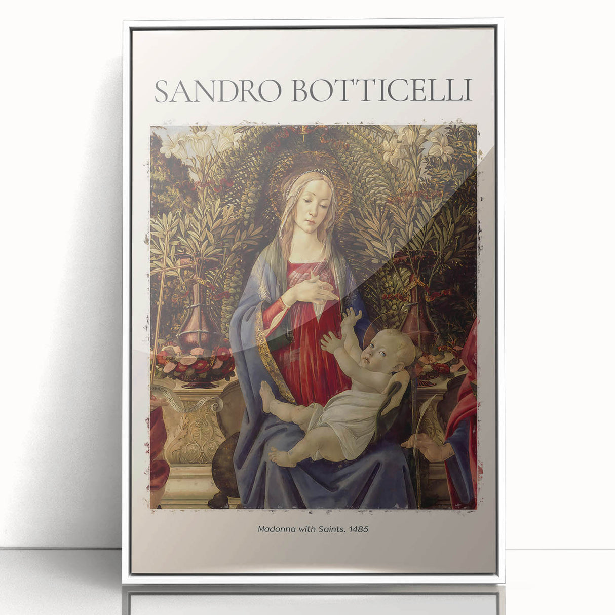 Mid-century modernist art print of Sandro Botticelli's design, in muted earth tones on white framed acrylic.