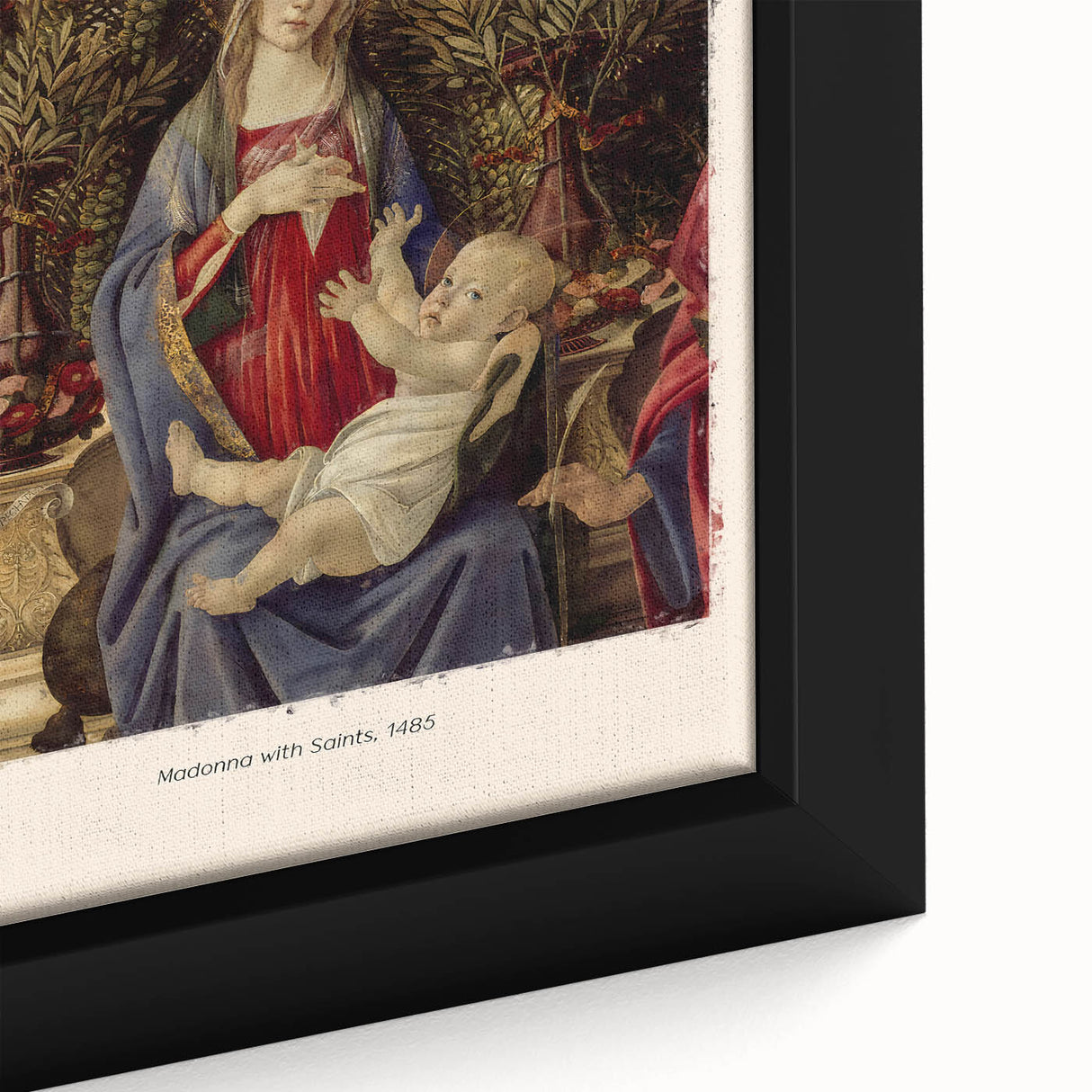 Extra large framed canvas featuring a close-up of Sandro Botticelli's artwork, with textured black and colorful details.
