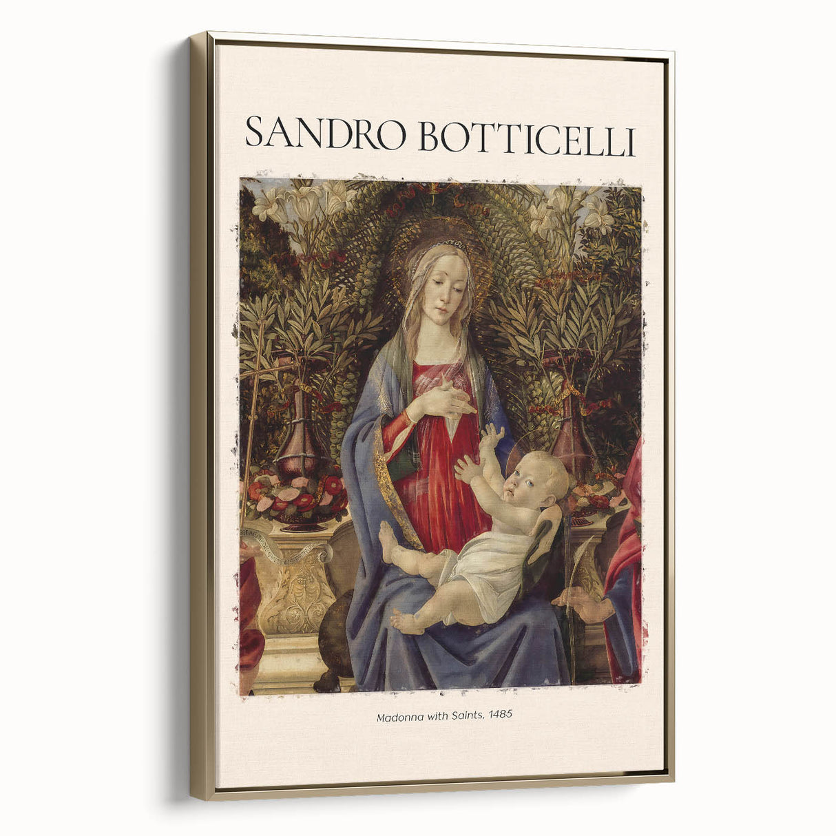 Framed canvas of Sandro Botticelli's landscape art painting featuring a vintage poster style in black with colorful accents.