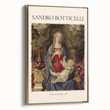 Framed canvas of Sandro Botticelli's landscape art painting featuring a vintage poster style in black with colorful accents.