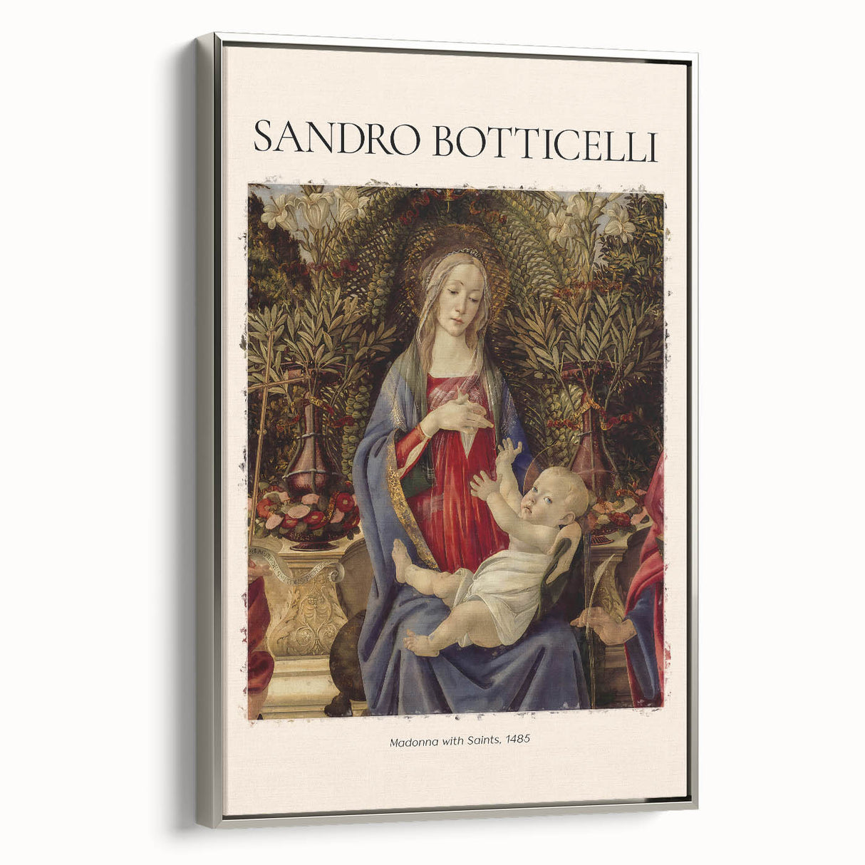 Vintage poster art of Sandro Botticelli's painting on framed canvas, featuring muted colorful art.