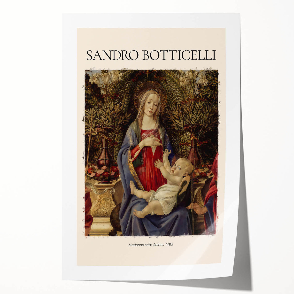 Extra large rolled print of Sandro Botticelli's floral design in muted earth tones.