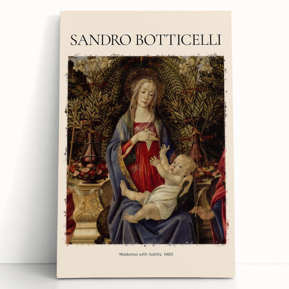 Black and white print of Sandro Botticelli's artwork on large stretched canvas.