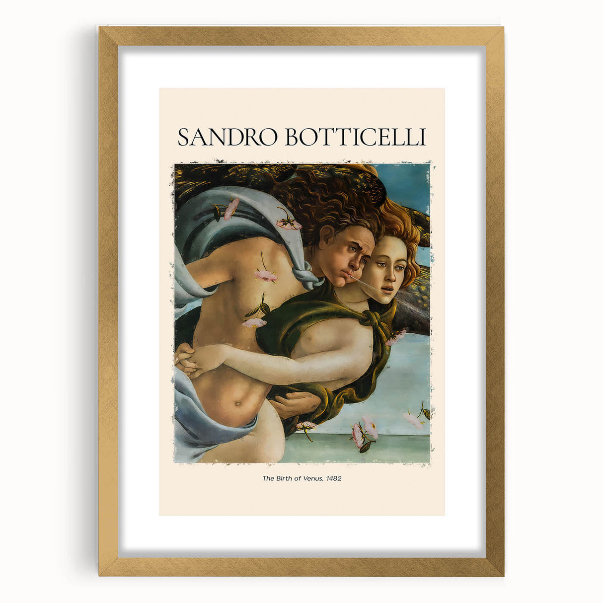Textured abstract art print of Sandro Botticelli's design, featuring gold frame with mat, ideal for bedroom art.
