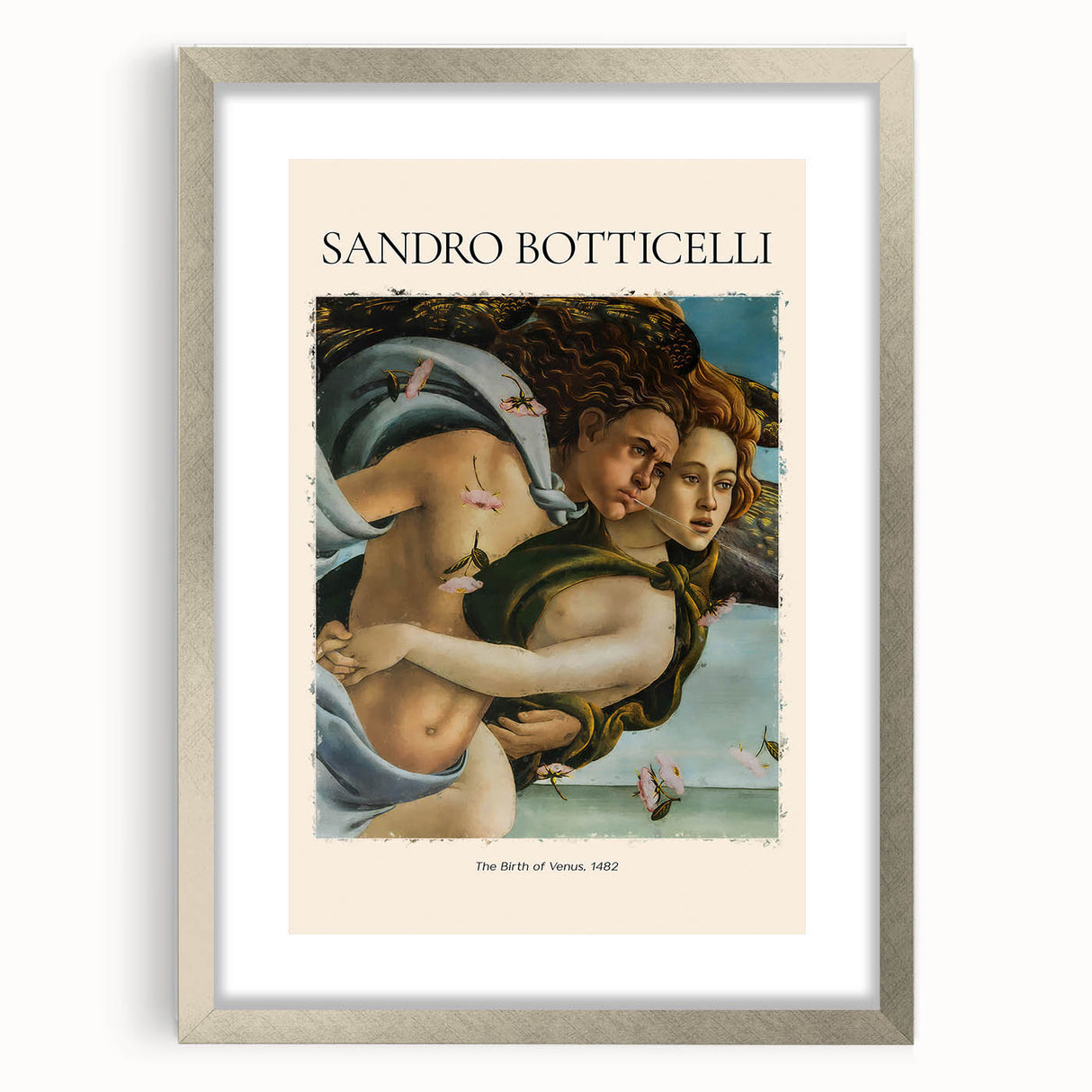Abstract art print of Sandro Botticelli's influence in muted colors, framed in silver.
