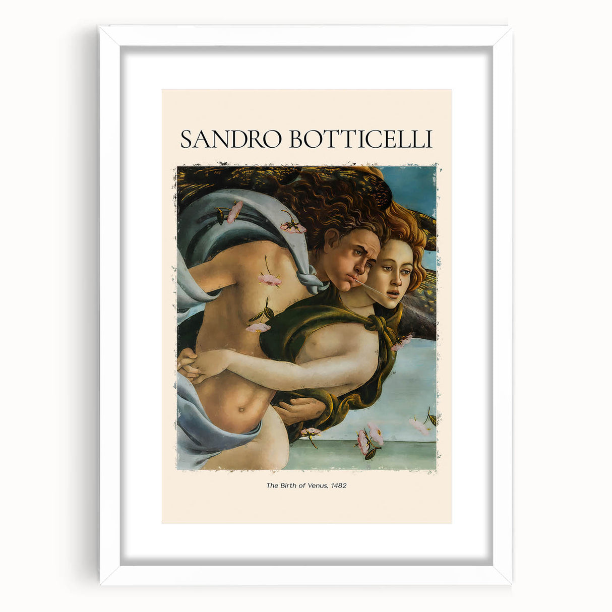 Extra large abstract art print of Sandro Botticelli-inspired design in vibrant colors on a white framed canvas.
