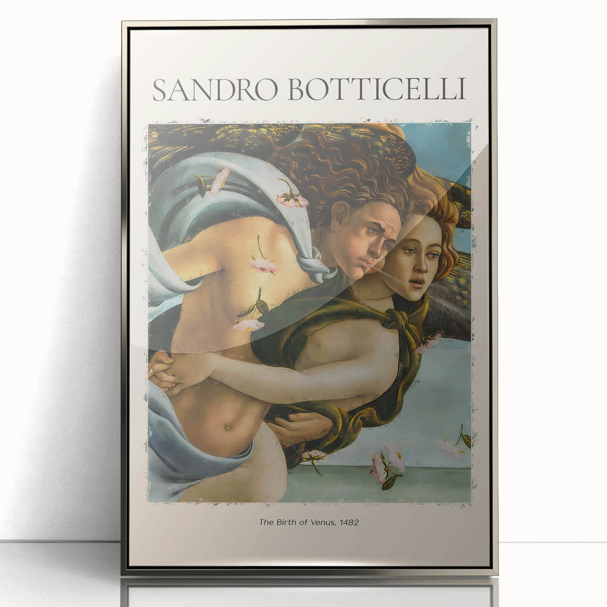 Art deco poster of Sandro Botticelli design in silver frame, ideal for nursery wall art.