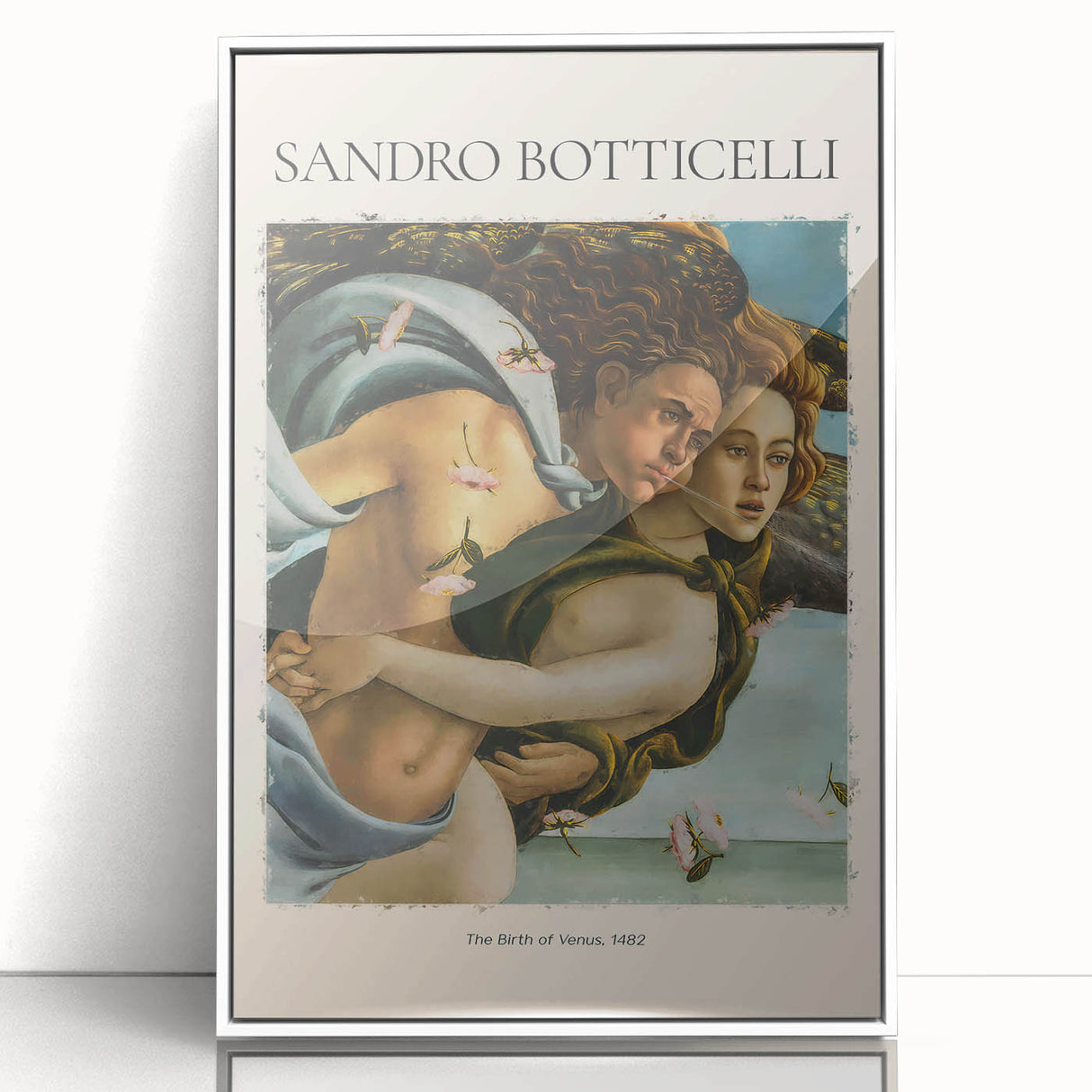 Framed acrylic print of Sandro Botticelli's artwork featuring Renaissance style figures in earth tones.