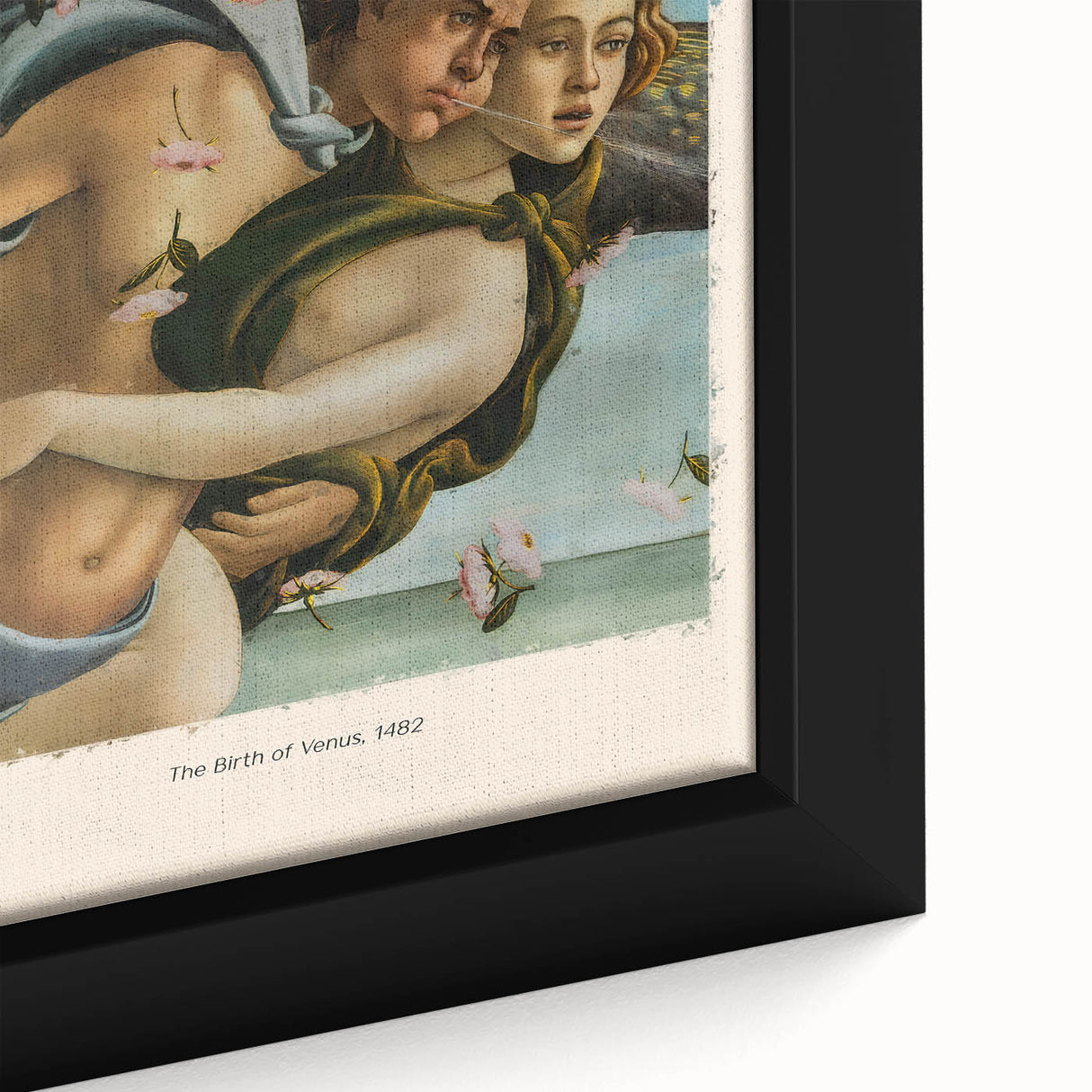 Close-up of a framed canvas featuring Sandro Botticelli-inspired black wall art with colorful, textured details.
