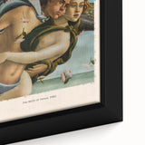 Close-up of a framed canvas featuring Sandro Botticelli-inspired black wall art with colorful, textured details.