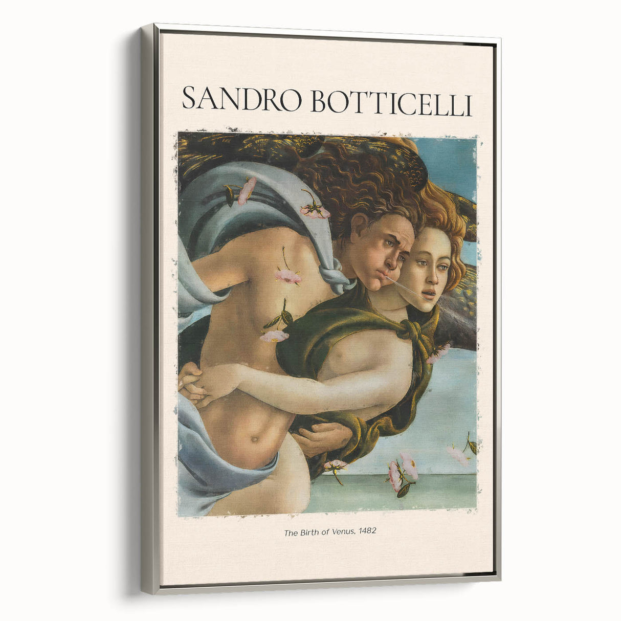 Framed canvas of Sandro Botticelli's vintage poster art, featuring colorful figures on a black background.