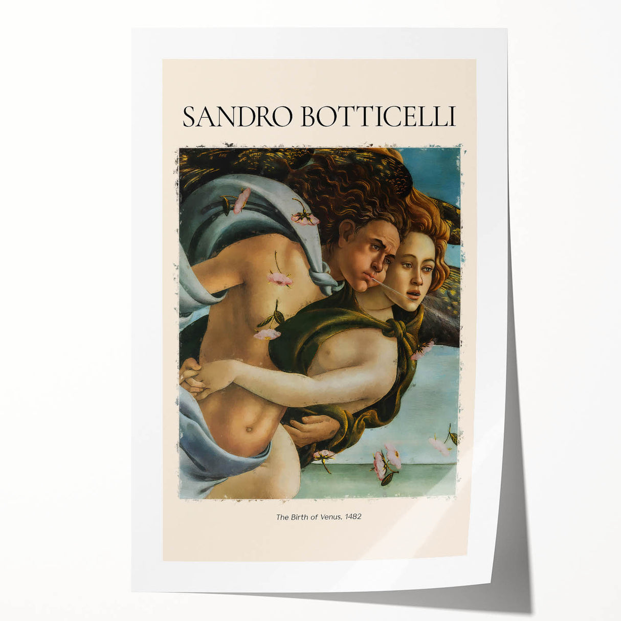 Rolled print of Sandro Botticelli-inspired floral art in soft pastel hues.