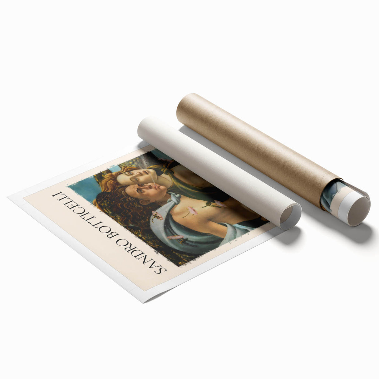 Extra large rolled print of Sandro Botticelli's floral art in soft pastel shades.