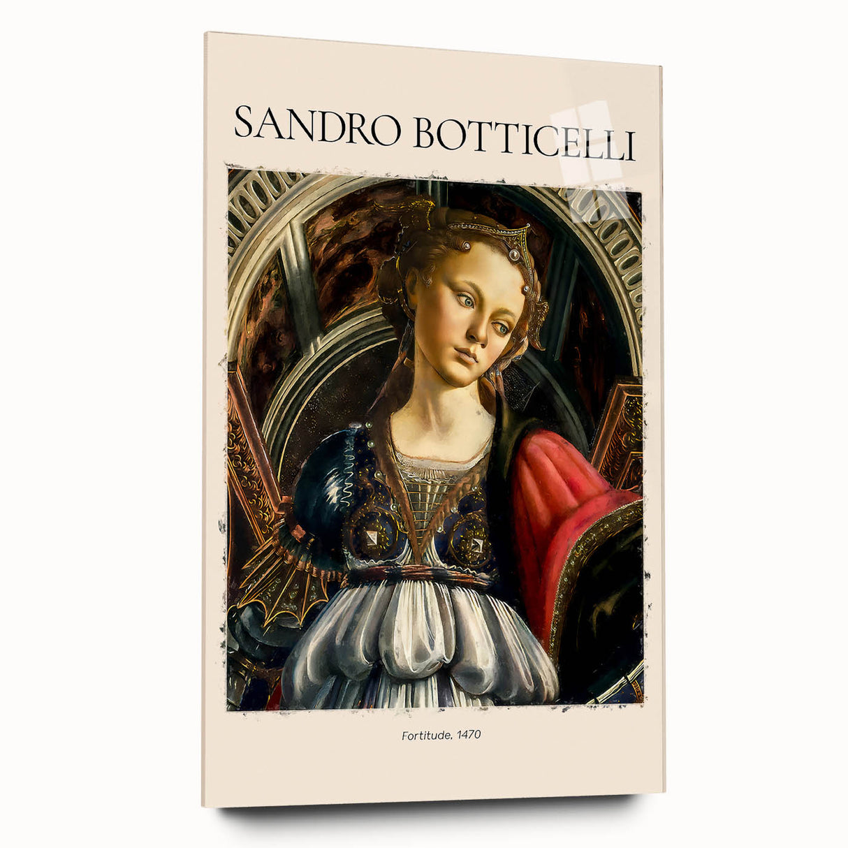 Side view of a large acrylic print of Sandro Botticelli’s artwork, featuring soft pastel tones.
