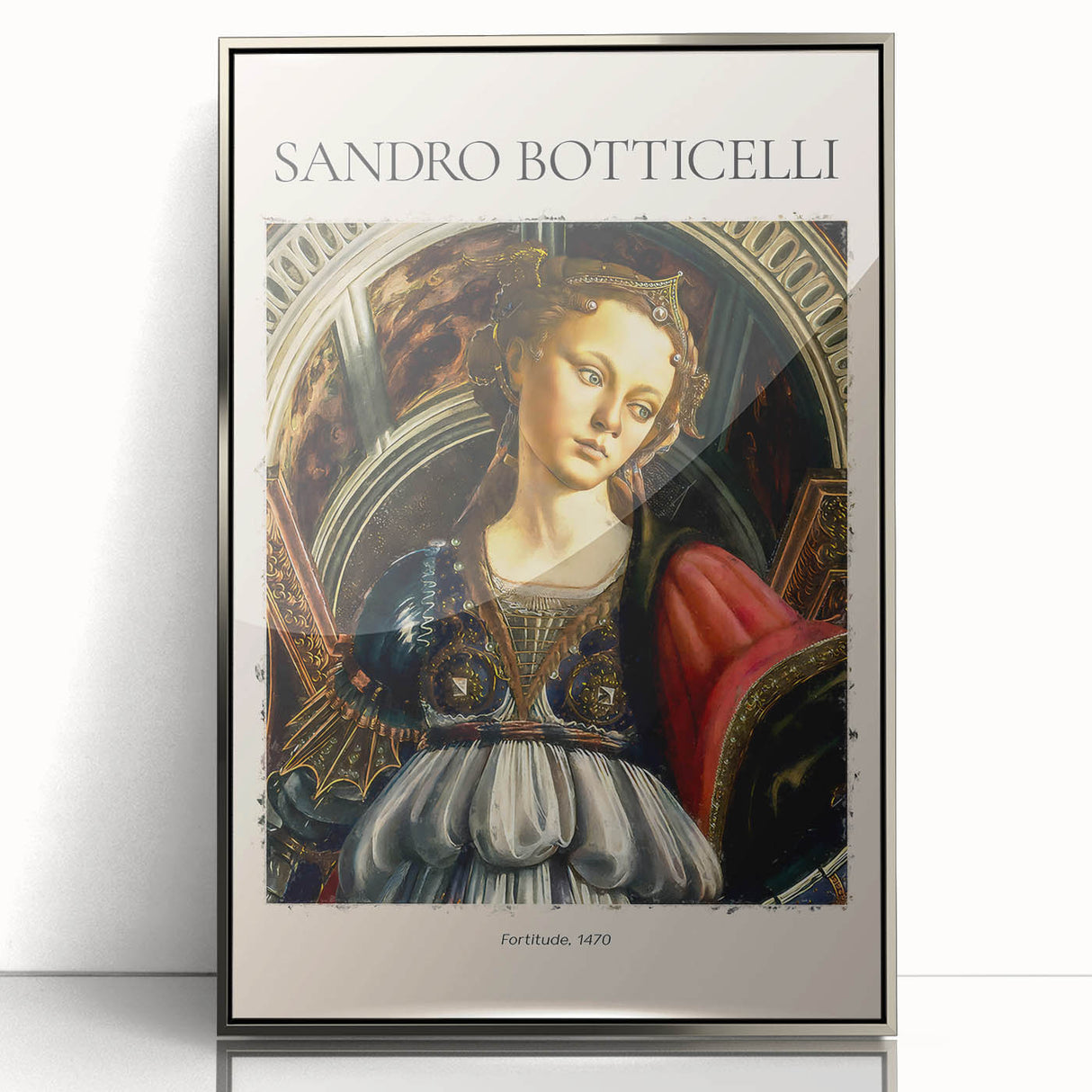Framed acrylic print of Sandro Botticelli's artwork featuring art deco style, ideal for nursery wall art.