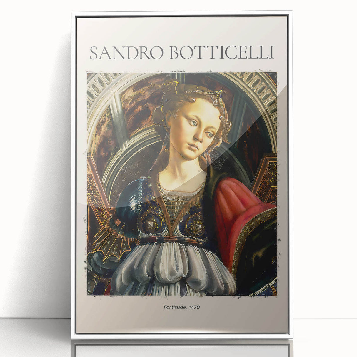 Framed acrylic print of Sandro Botticelli's artwork in white, featuring Renaissance style, ideal for nursery wall art.