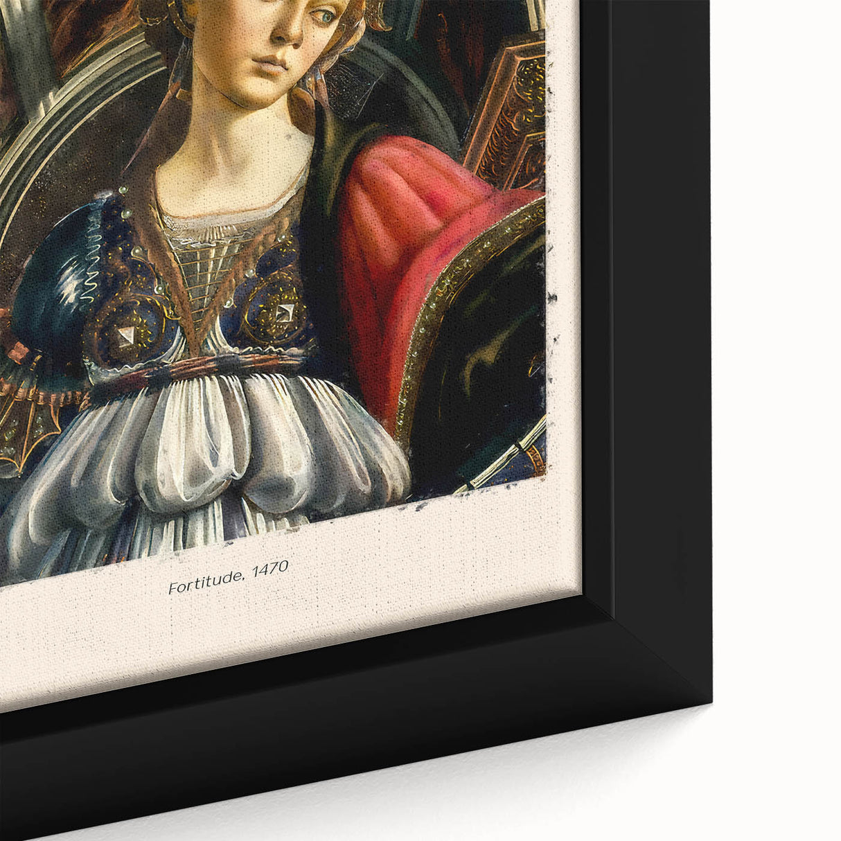Extra large black wall art featuring a colorful, textured portrait by Sandro Botticelli on framed canvas.