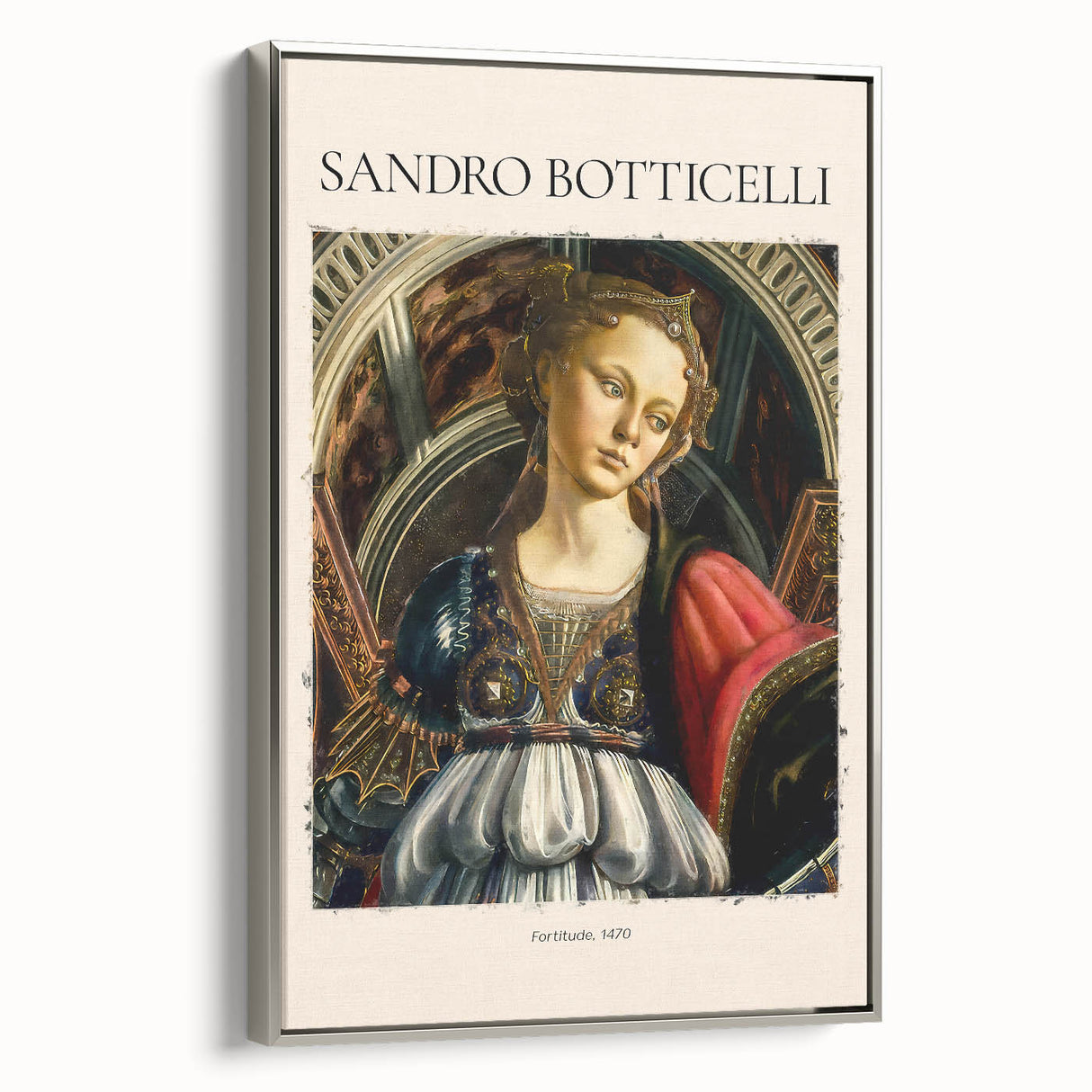 Vintage poster art of Sandro Botticelli's painting in a silver frame, featuring colorful art on black background.