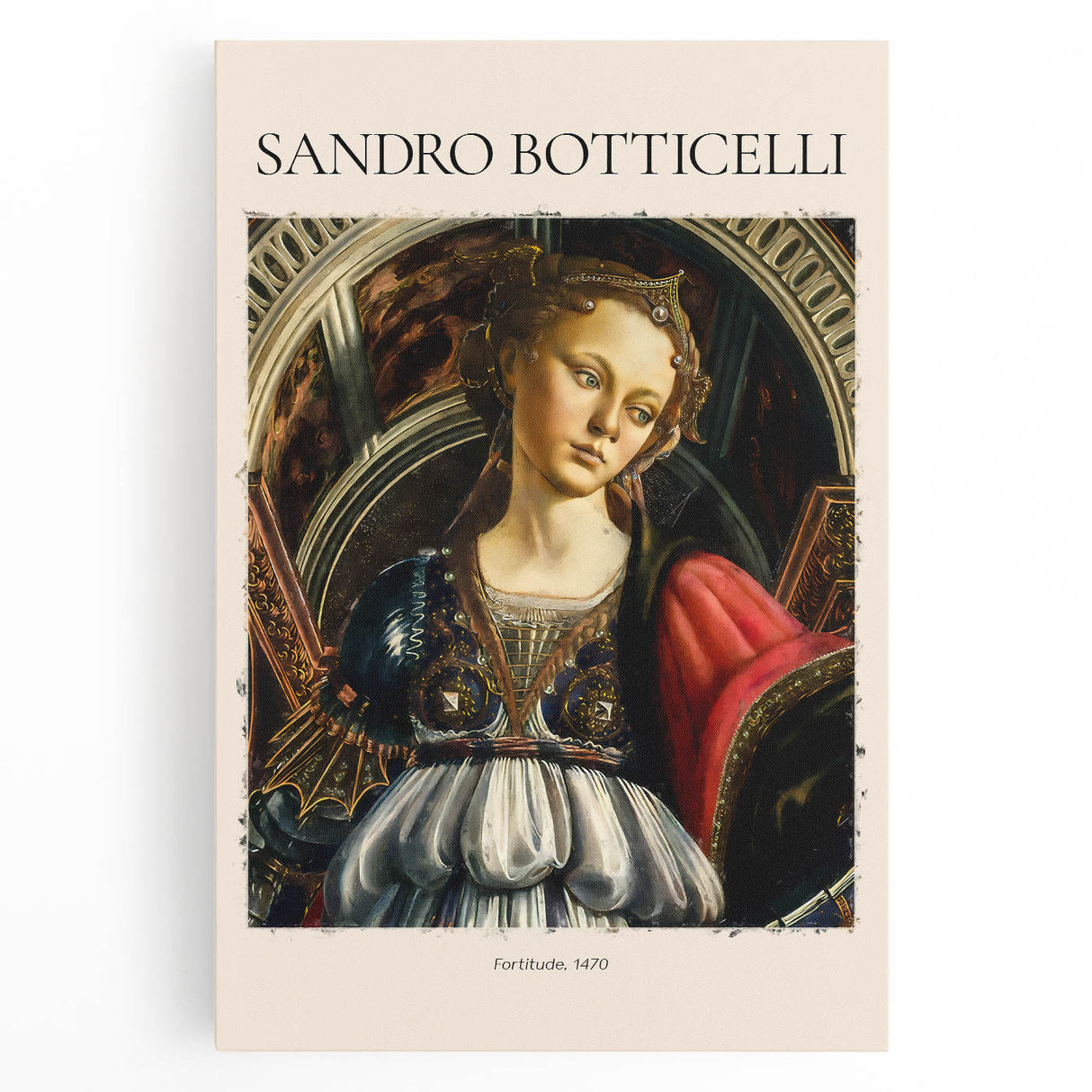Large black and white print of Sandro Botticelli's artwork on stretched canvas, ideal for kitchen wall art.