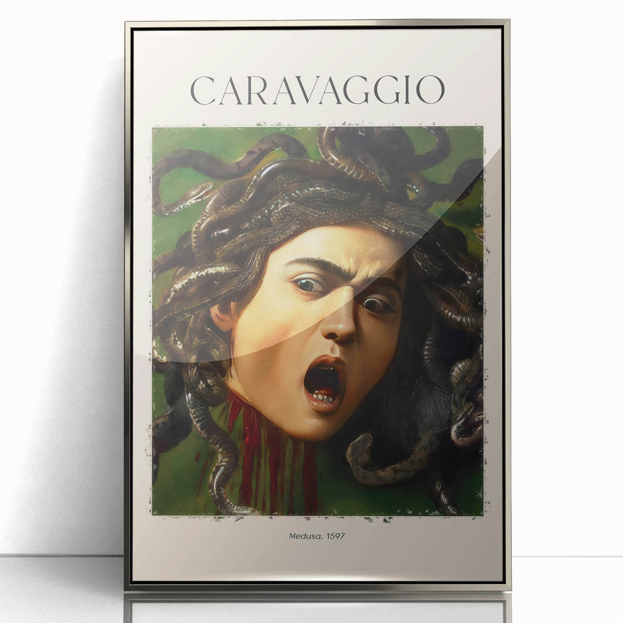 Framed acrylic print of Sandro Botticelli's artwork in art deco style, featuring muted earth tones.