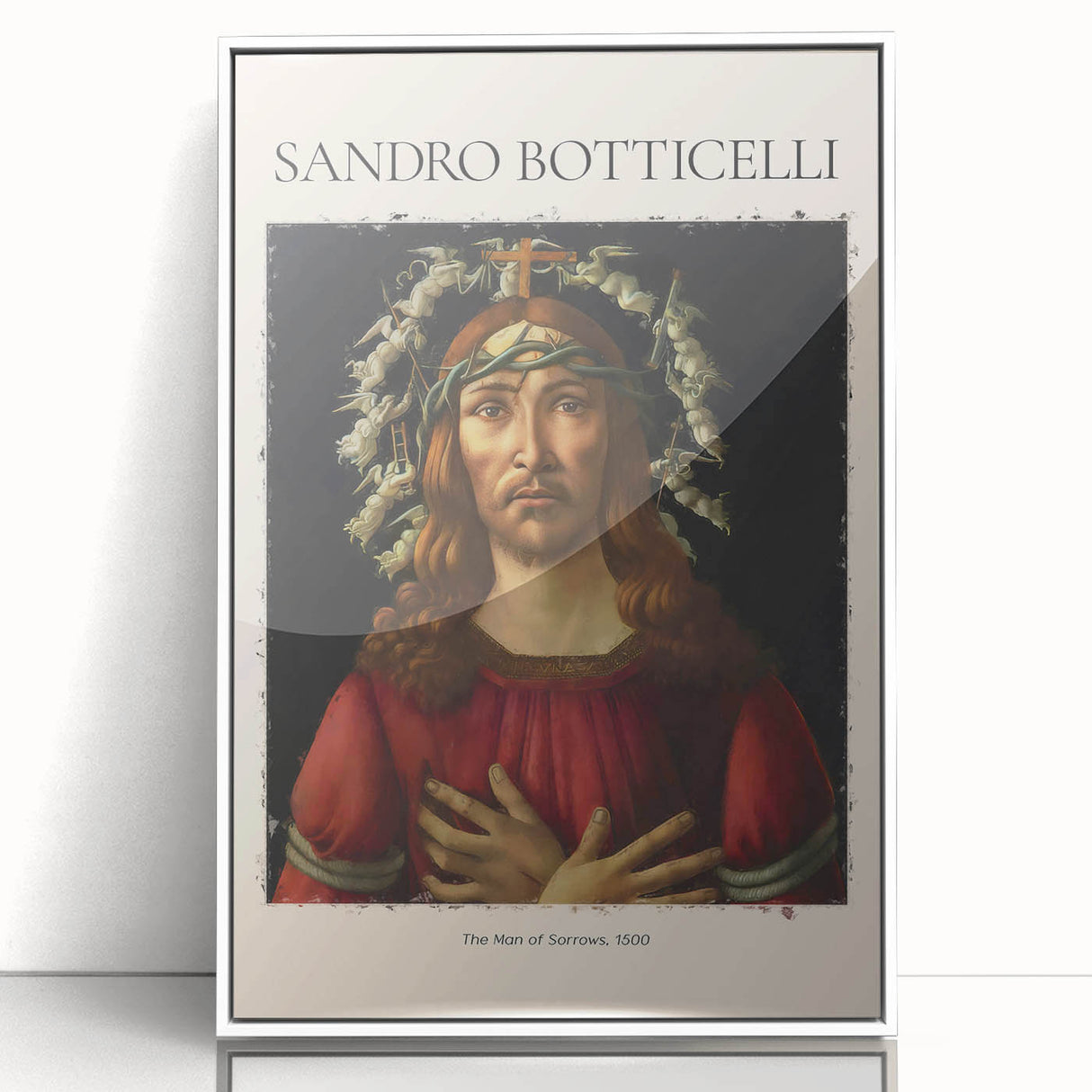 A framed acrylic print of Sandro Botticelli's artwork in mid-century modernist style, featuring pastel shades.