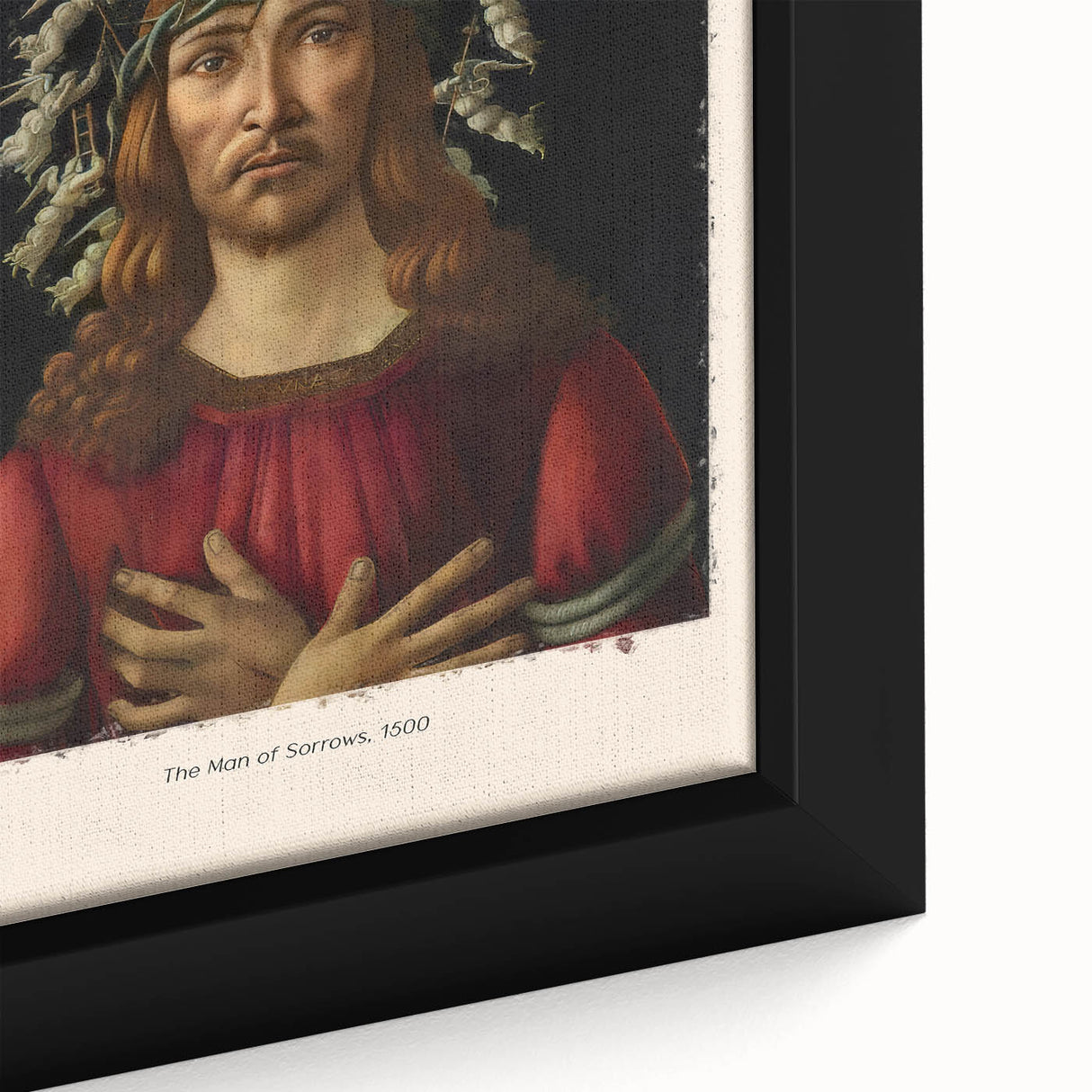 Black wall art featuring a close-up of a Sandro Botticelli design in vibrant colors on a textured, framed canvas.