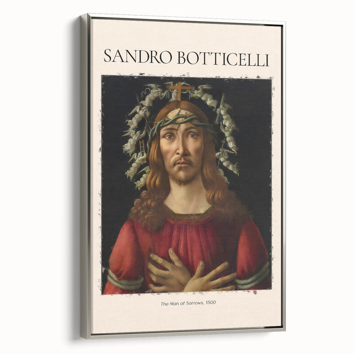 Vintage poster art of Sandro Botticelli's design on a framed canvas, featuring muted color tones.