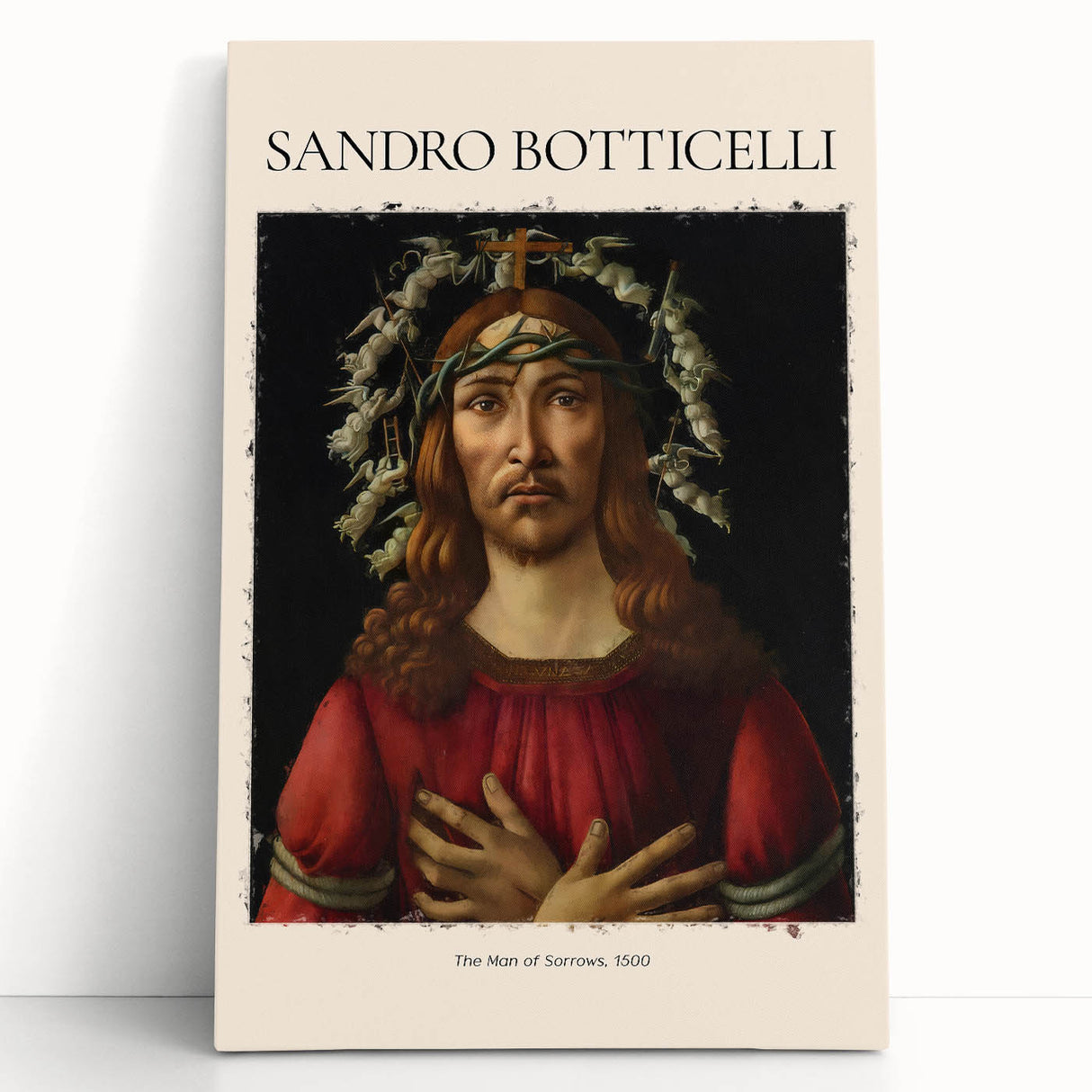 Black and white print of Sandro Botticelli's artwork on large stretched canvas.