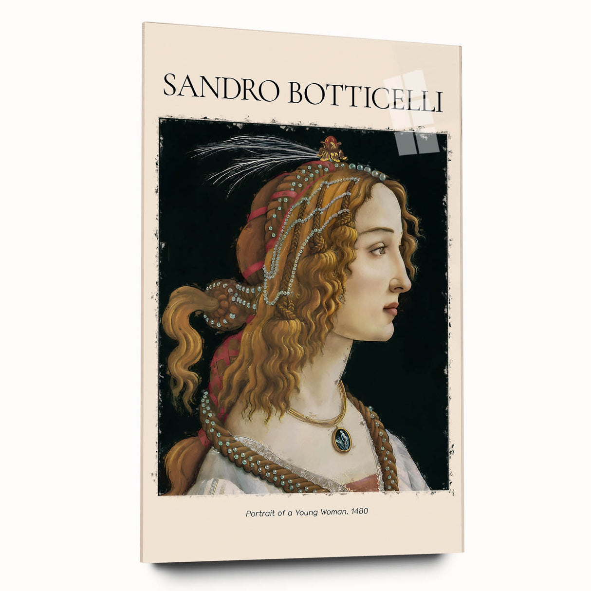Side view of a large acrylic print featuring Sandro Botticelli's artwork, ideal for bedroom or dining room decor.