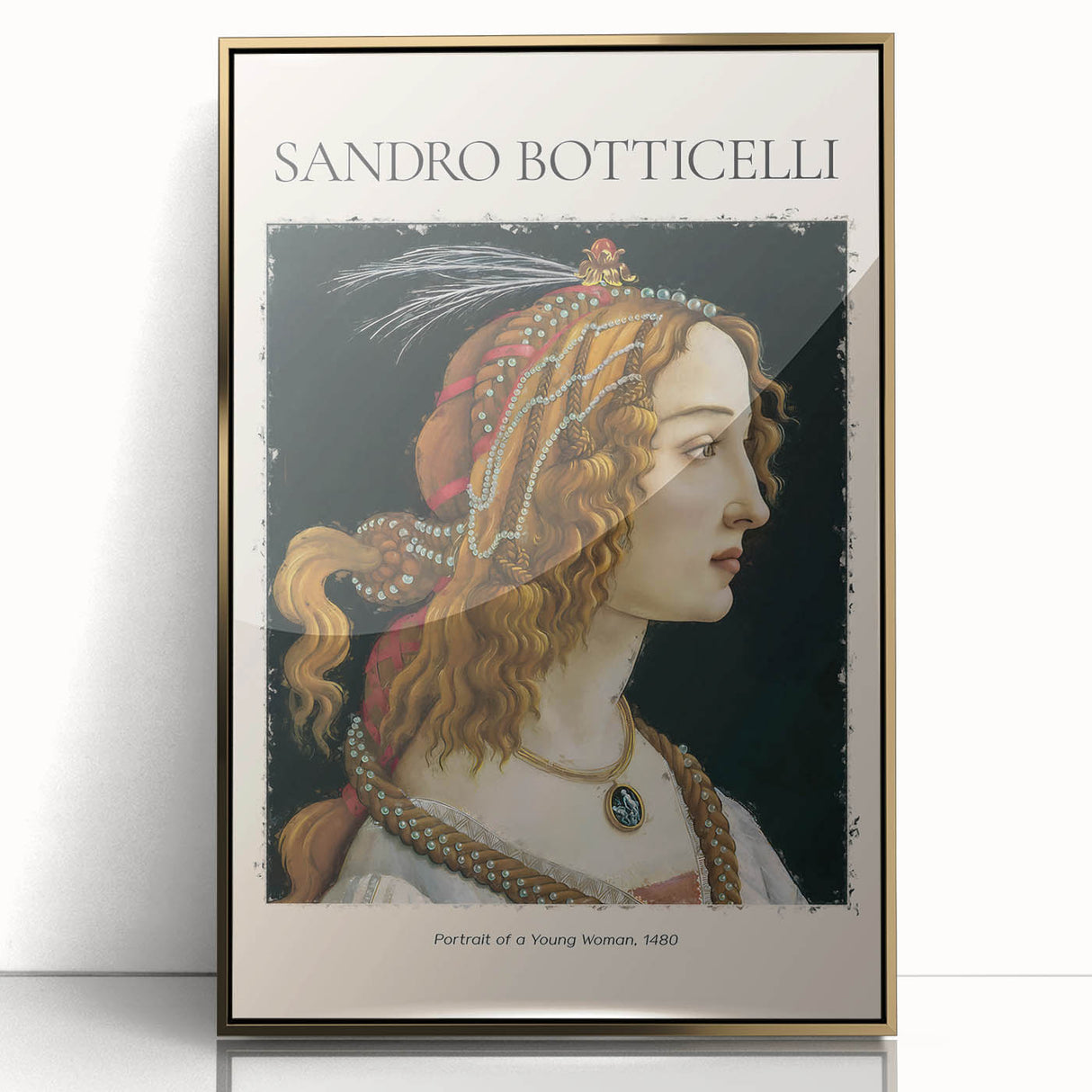 Mid-century modernist art depicting a Renaissance scene in muted earth tones on a gold-framed acrylic.