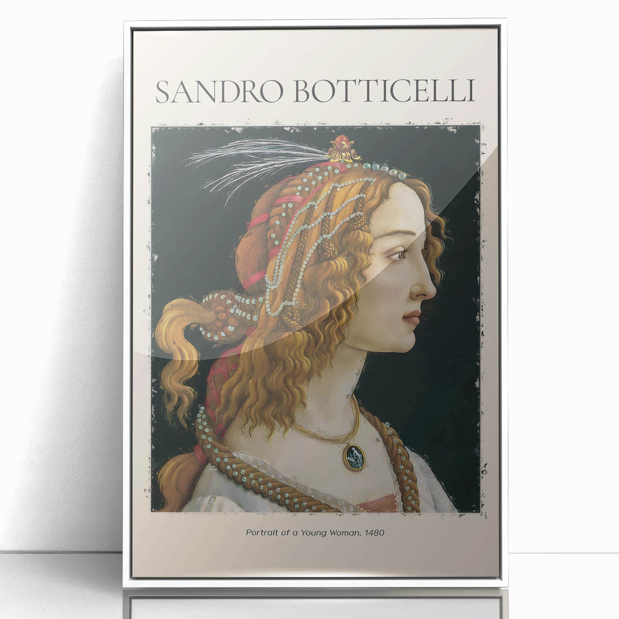 Framed acrylic print of Sandro Botticelli's artwork, featuring pastel hues in a mid-century modernist style.