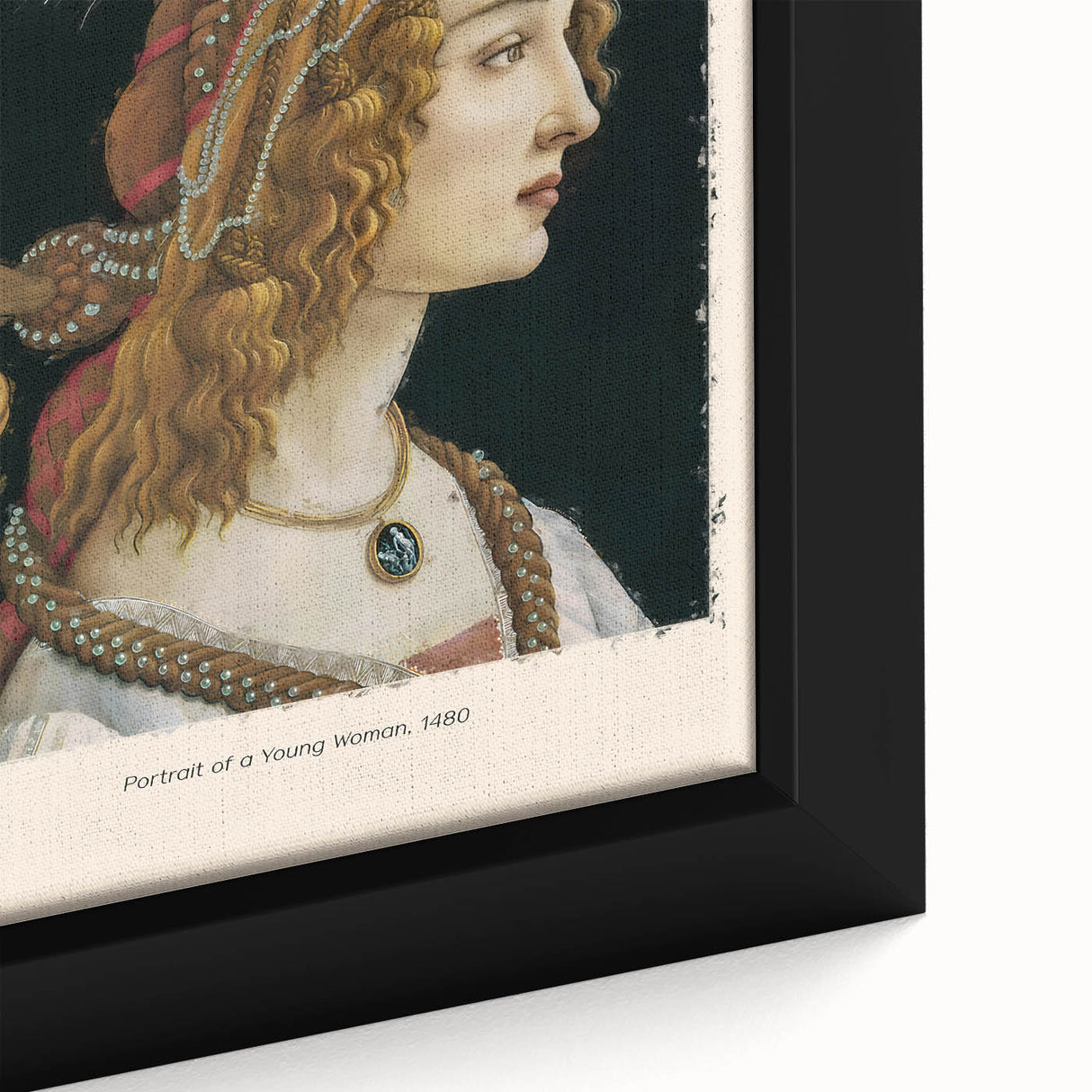 Close-up of a black framed canvas featuring a colorful, textured portrayal of Sandro Botticelli's work.