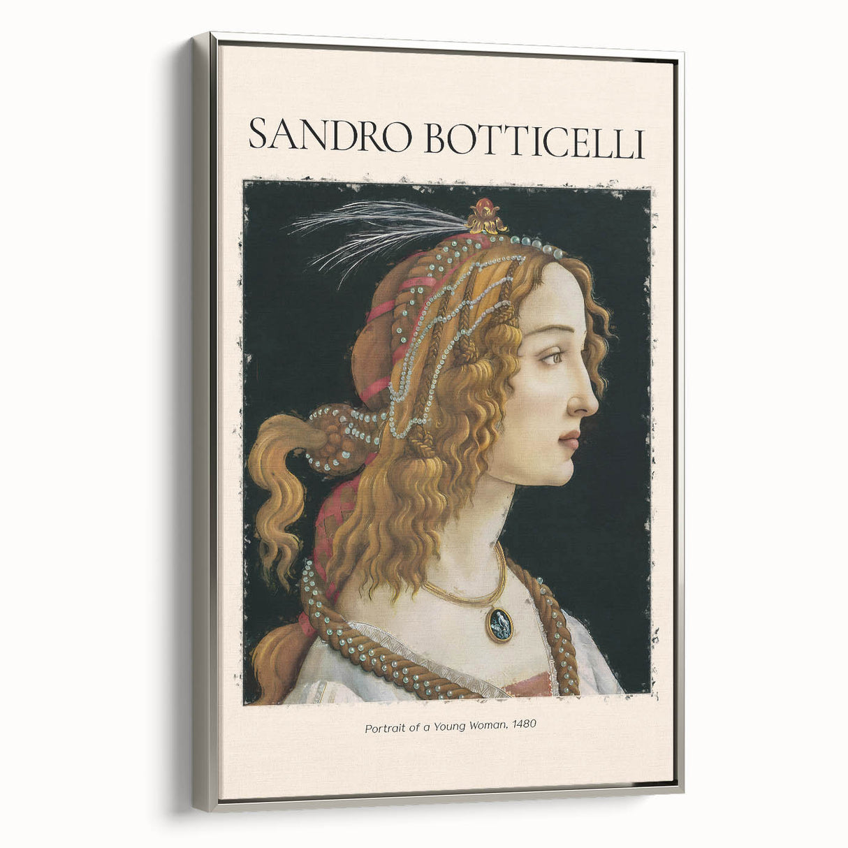 Vintage poster art of Sandro Botticelli design in colorful palette, framed in silver, ideal for living room decor.