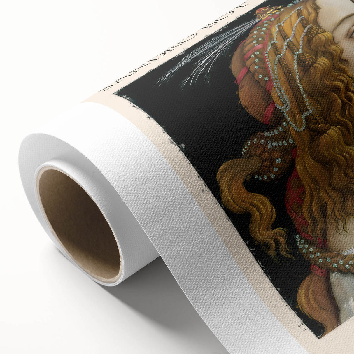 Art deco poster featuring Sandro Botticelli's Renaissance artwork on rolled canvas, ideal for nursery wall art.