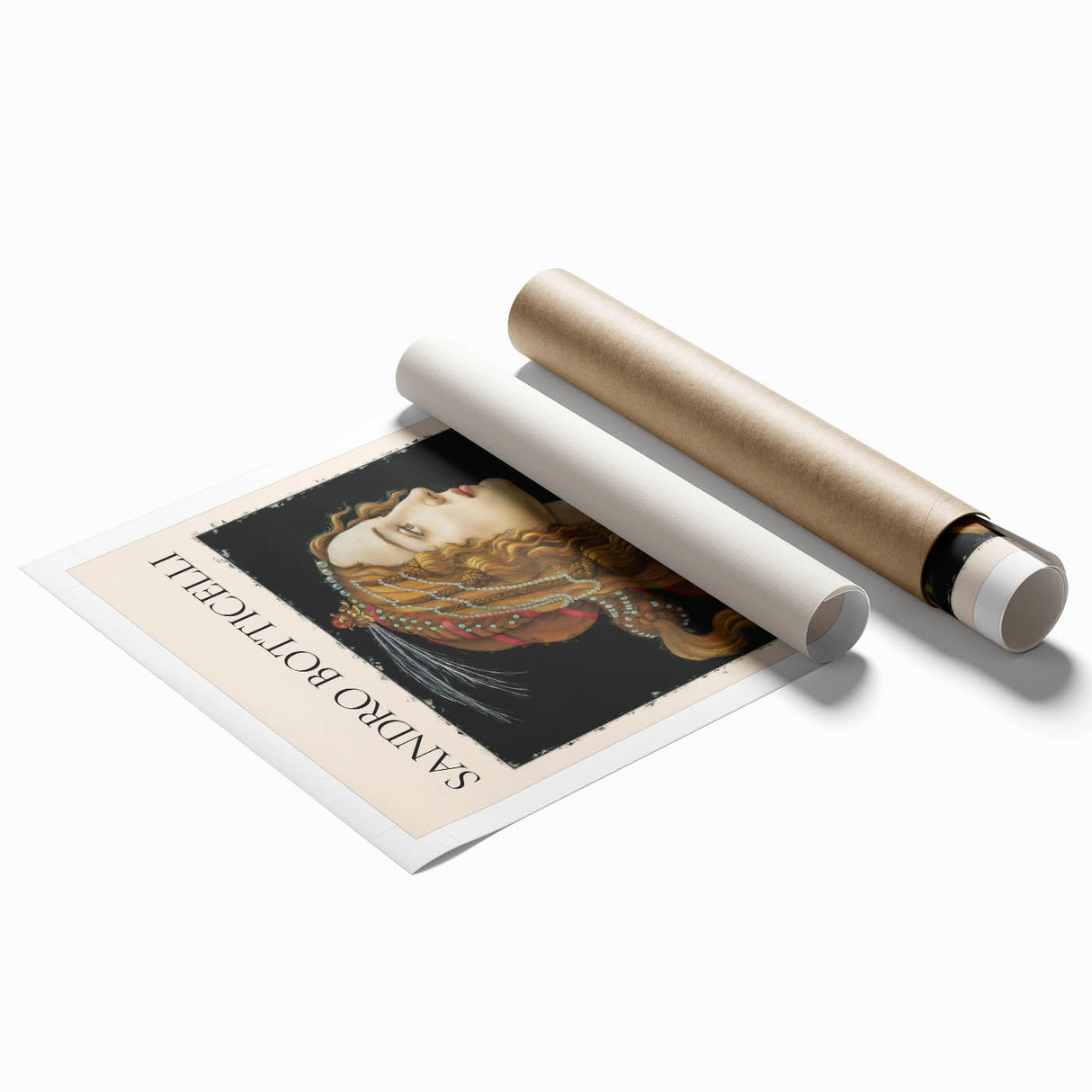 Extra large rolled print of Sandro Botticelli's floral art in muted earth tones, ideal for classy bathroom wall decor.