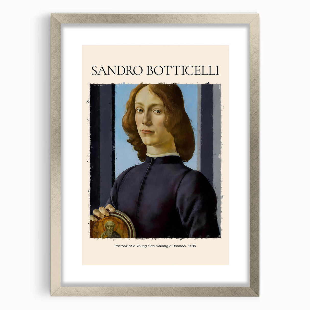 Abstract art print of Sandro Botticelli-inspired design in silver frame, featuring muted earth tones.