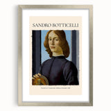 Abstract art print of Sandro Botticelli-inspired design in silver frame, featuring muted earth tones.