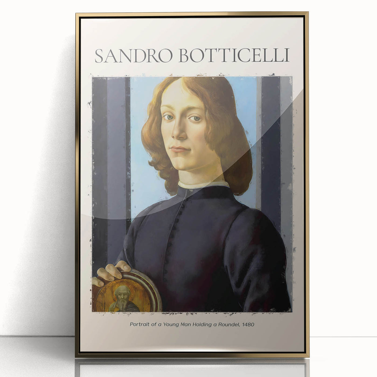 Mid-century modernist art depicting a classical portrait in muted gold and ivory tones, framed acrylic.