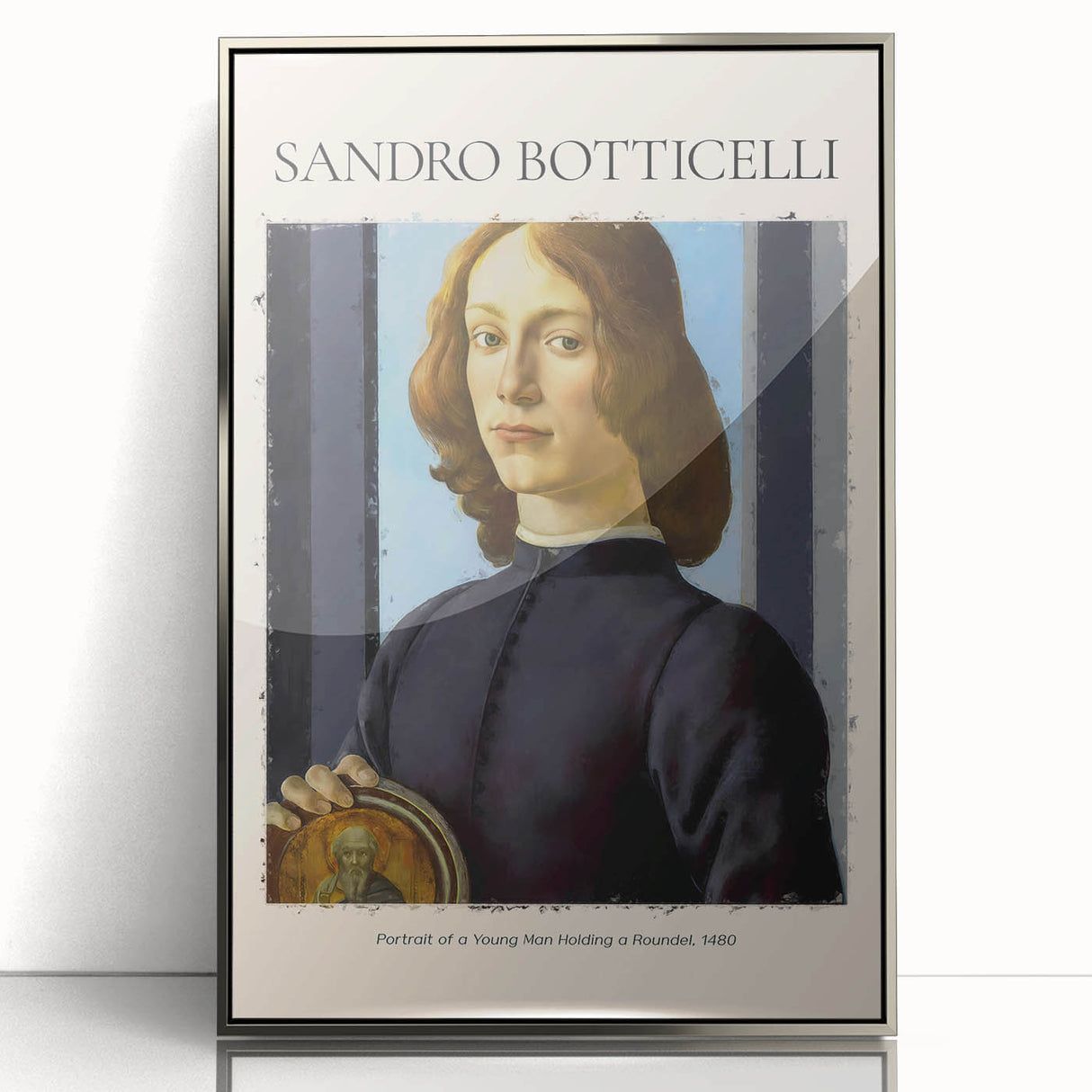 Framed acrylic print of Sandro Botticelli's artwork in art deco style, featuring muted pastel tones.