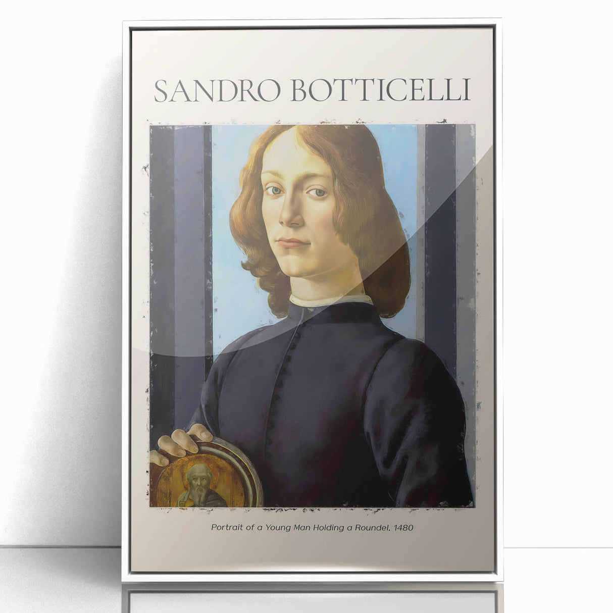 Framed acrylic print of Sandro Botticelli's artwork, featuring classical figures in muted earth tones.