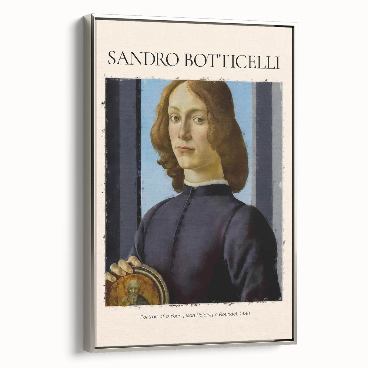 Vintage poster art of Sandro Botticelli design in a silver frame, featuring muted colors, ideal for living room wall decor.