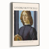 Vintage poster art of Sandro Botticelli design in a silver frame, featuring muted colors, ideal for living room wall decor.