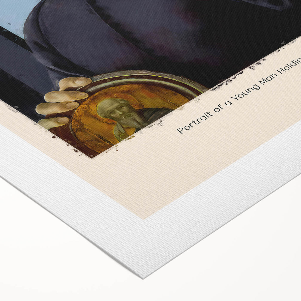 Art deco poster featuring a Botticelli-inspired design in muted gold and ivory tones on rolled canvas.