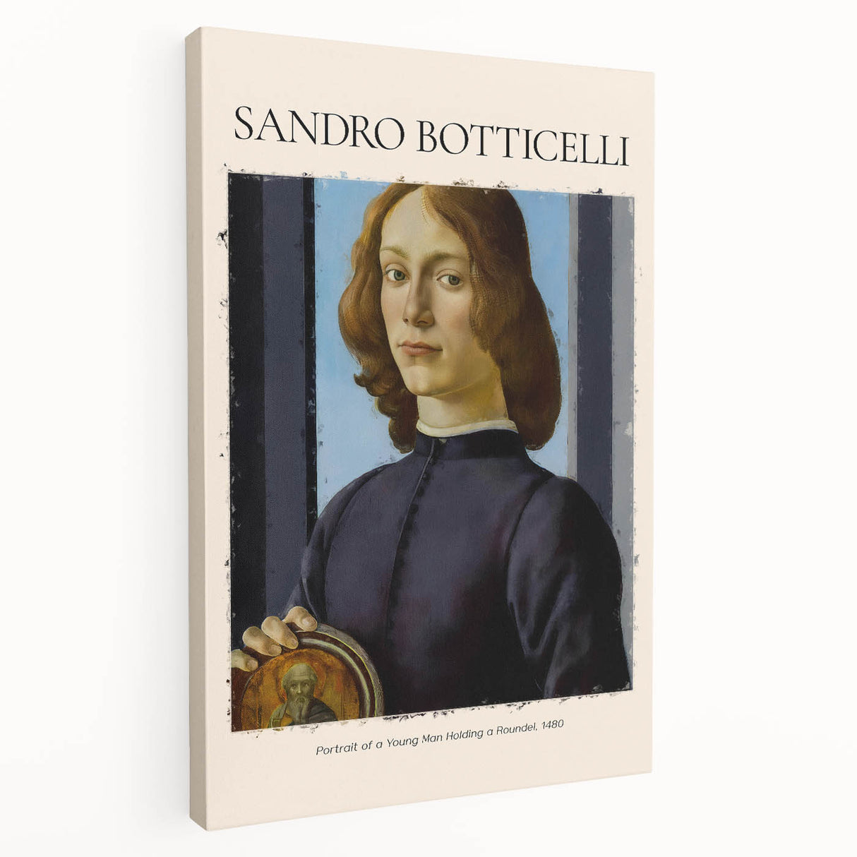 Side view of a Sandro Botticelli inspired stretched canvas featuring Renaissance style figures in soft earth tones.