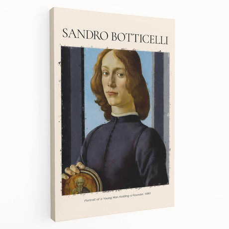 Side view of a Sandro Botticelli inspired stretched canvas featuring Renaissance style figures in soft earth tones.